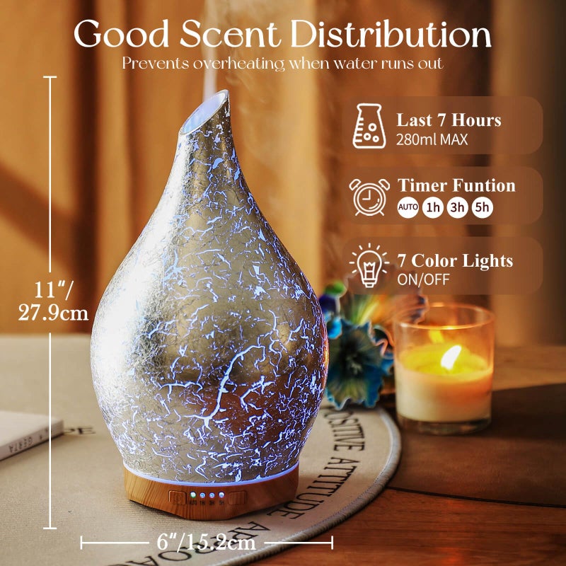Porseme 280ml Essential Oil Diffuser, 3D Glass Aromatherapy Diffusor, Ultrasonic Cool Mist BPA Free Aroma Humidifier with Timer and Color Changing Function, Waterless Shut-Off for Home Office Room - Image 3